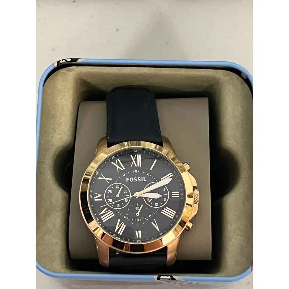 Fossil Grant FS4835 Rose Gold Chronograph Navy Leather Watch NWT